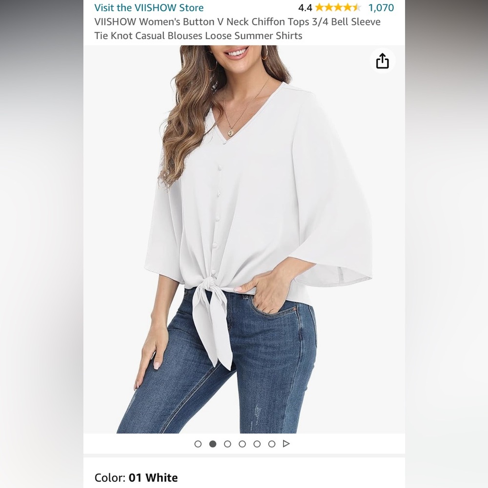 VIISHOW Women's Button V Neck Chiffon Tops 3/4 Bell Sleeve Tie Knot Blouse